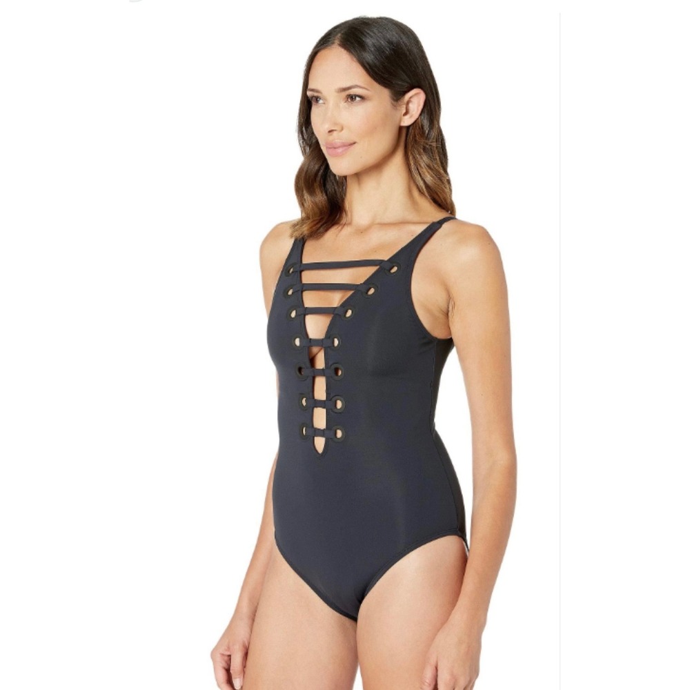 Bleu Rod Beattie Womens Navy Grommet Strappy Lace Up One Piece Swimsuit Size 4